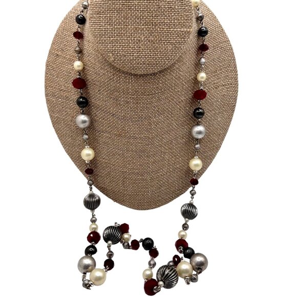 Premier Designs Vintage Bead Necklace Signed Red Black White Silver Tone 36” - Picture 7 of 7
